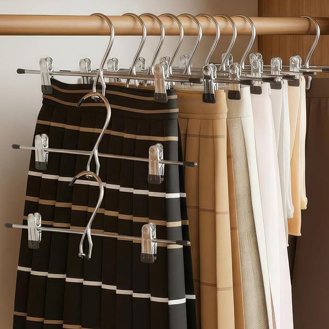 Pants Hangers with Clips, 10 Pack Stackable Skirts Hanger Space Saving, Hanging Closet Organizer and Storage for College Dorm Apartment