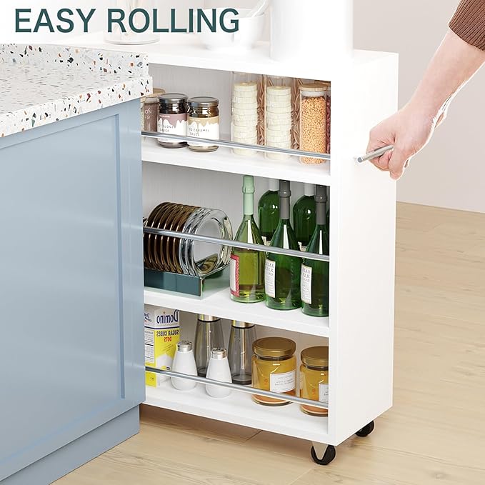 ALBAD Slim Rolling Cart,4-Tier Storage Cart with Wheels,7.9”W Slim Storage Cart with Handle for Kitchen Laundry Narrow Places Bathroom Dining Room Small Spaces