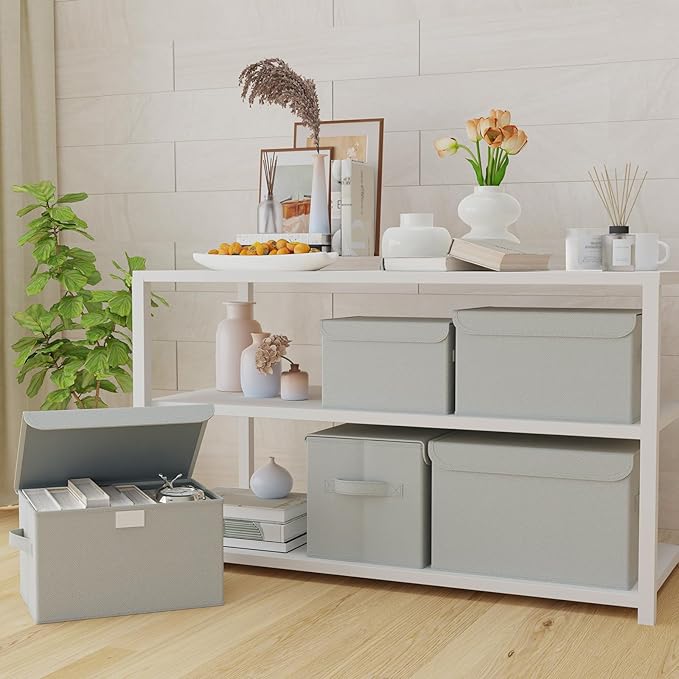 Foldable Storage Bin, Cube Organizer Basket with Flip-Top Lid and 2 Handles, Decorative Boxes for Shelves with Cover for Clothes, Towels, Blanket, 4 Pack, Grey, 13 x 9 x 7.9 In, XSNY12GM-4