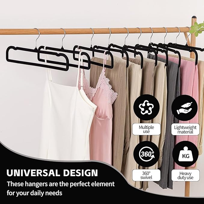 Velvet Pant Hangers, 20pcs Heavy Duty Flocked Trouser Hangers with Non-Slip Bar, 35cm(L) Adult Clothes Hanger with Swivel Hook, Slim Felt Jean Hangers (Black-Silver) Short Neck Huggable Hangar