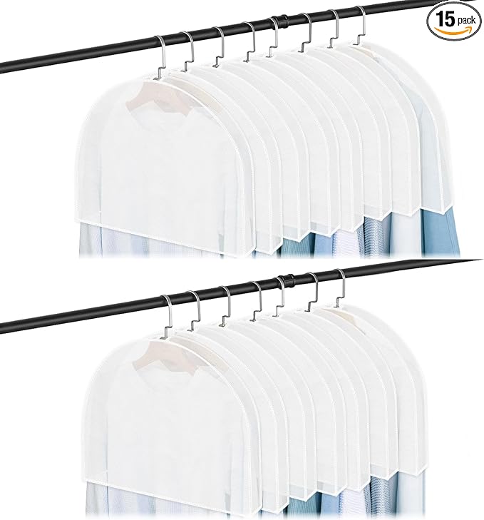 Shoulder Covers for Hanging Clothes, 15 Pack Clear Shoulder Cover Breathable Garment Dust Covers Protectors 2" Gusset for Suit, Coats, Jackets, Dress, Closet Storage, 24'' x 12" x 2"