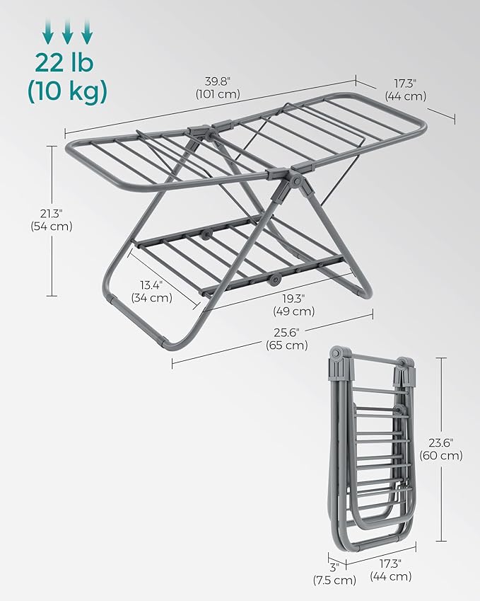 SONGMICS Small Clothes Drying Rack, Foldable 2-Level Laundry Drying Rack, Space-Saving, for Small Clothes, Towels, Bathroom, Balcony, 17.3 x 39.8 x 19.7 Inches, Dove Gray ULLR504G01