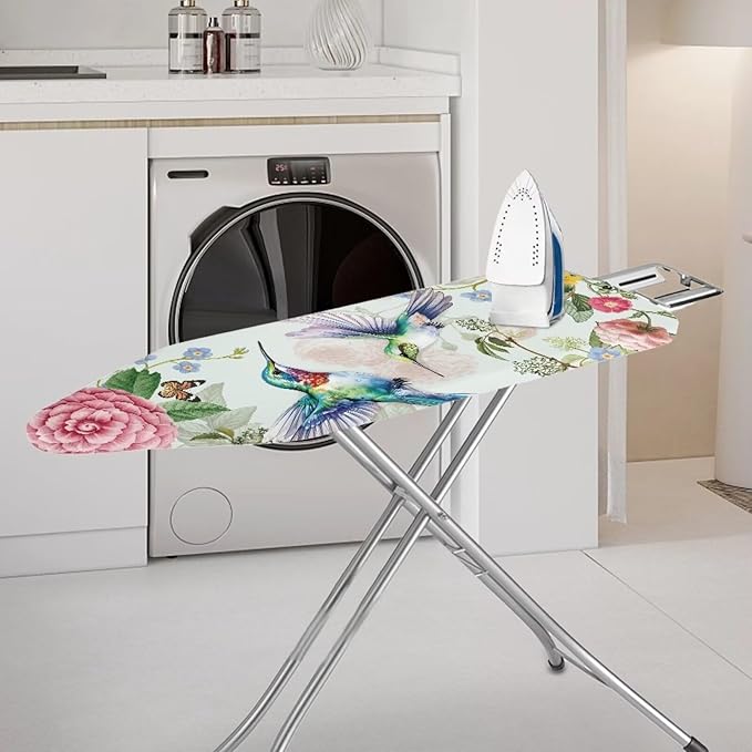 GLENLCWE Blue Hummingbird Peony Ironing Board Cover,Standard Size Iron Pad Covers Non Slip with Hook and Loop,Thick Padding Iron Board Cover Washable