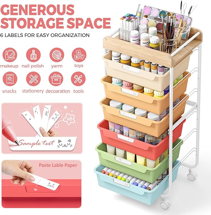 APEXCHASER 6-Drawer Plastic Organizers on Wheels,Rolling Storage Cart with Wooden Top, Mobile Drawer Unit for Classroom, Crafts, Art Supplies, and Home Organization,Rainbow
