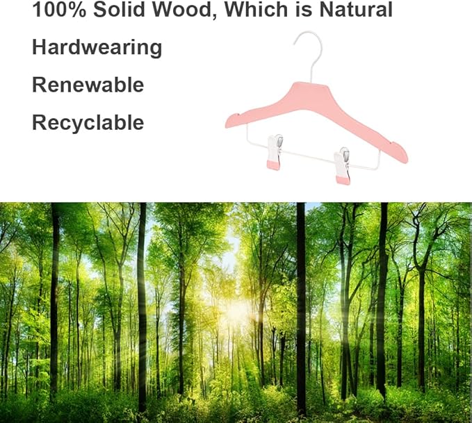 Pink 12.7" Ultra-Thin Wooden Children Closet Clothes Clips Hangers 20PCS Wood Baby Kids Coat Hangers for Infant Toddler Newborn Jumpsuit Pants Skirts Jeans Space Saving Heavy Duty Durable