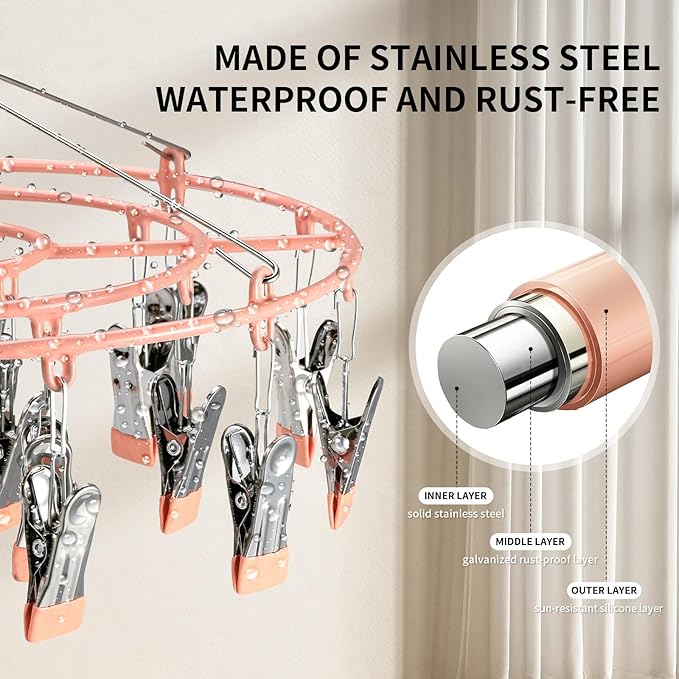 PHYDELU Drying Rack Clothing with 24 Clips，Sock Hanger for Drying，Hanging Clothes Dryer Underwear Hangers Racks Laundry Herb Socks Panty Wet Bra Lingerie Baby Delicates Foldable Small Indoor Metal