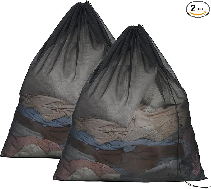 OTraki Ex-Large Mesh Laundry Bags 36x43 Inch Drawstring Laundry Bag 2 Pack Dirty Clothes Mesh Net Bag Heavy Duty Travel Storage Organize Bag for Hotel Beach,Don't Drying, Melting 140-176℉ Black