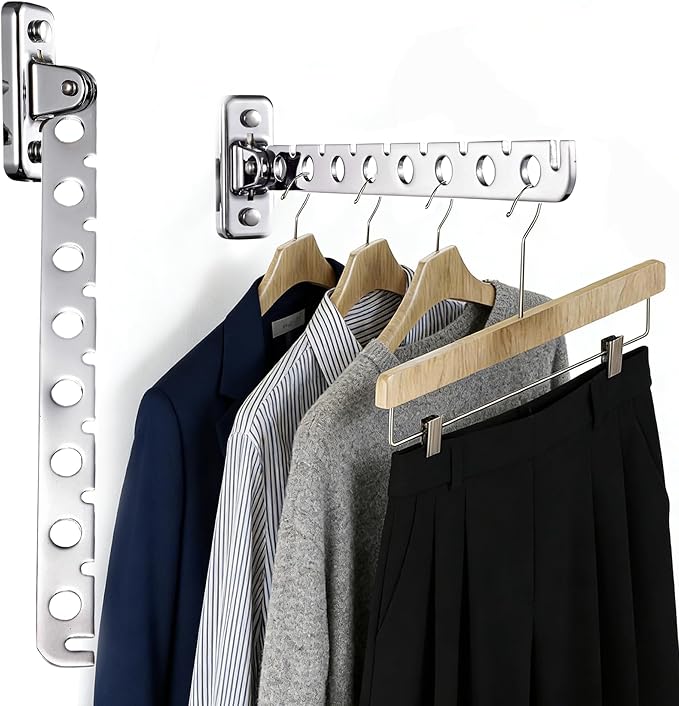 Wall Mounted Clothes Drying Rack 2 Pack, Laundry Hanger Dryer Rack Stainless Steel Folding Clothes Hanger Organizer for Laundry Room, Retractable Wall Hanger Space Saving Drying Rack for Clothes