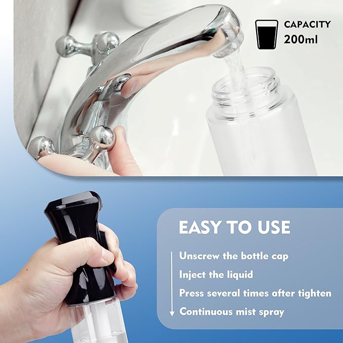 Continuous Spray Bottle for Hair, 1Pack Black 6.8oz Mister Spray Bottle, Hair Spray Bottles for Hairstyling, Cleaning, Plants, Pets, Salons & More