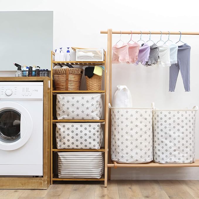 Sea Team 19.7 Inches Large Sized Waterproof Coating Ramie Cotton Fabric Folding Laundry Hamper Bucket Cylindric Burlap Canvas Storage Basket with Stylish Stars Design (19.7", Grey Star)