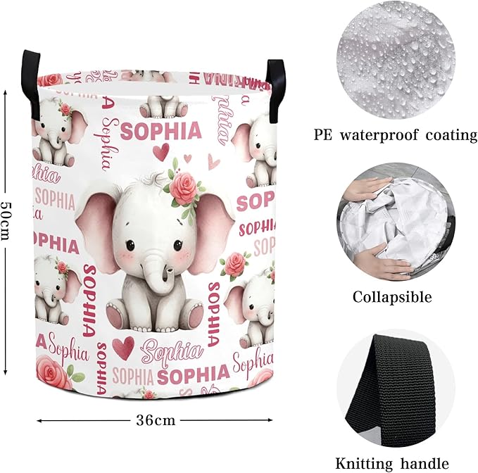Large Custom Name Laundry Hamper, Elephant Personalized Dirty Clothes Hamper Storage Basket with Name for Bathroom Bedrooms, Customized Name Circular Hamper with Handles for Baby Boys Girls Men Women
