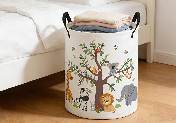 ESSME Kids Laundry Basket,Animal Hamper Collapsible Canvas Waterproof Storage Bin foBoys, Cute Hamper,Gift Baskets(Tree animal)