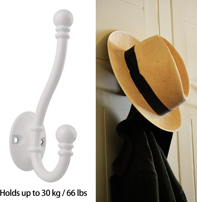HASWARE 6 PCS Double Prong Robe Hook, Large Dual Coat Hooks with 12 Pieces Screws Wall Mounted Hooks Robe Antique Hooks Hangers Heavy Duty for Home Coats Hat Clothes Hanger Towel Keys (White)