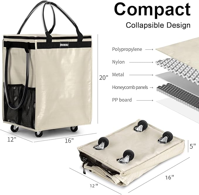 (Medium,Beige) Reusable Grocery Bag on Wheels, Foldable Rolling Tote, Carries Up to 66 lbs Shopping Trolley, Zipper Clouser Shopping Carts for Trips, Laundry, 4 Heavy Duty Wheels and 3 Handles