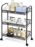 3 Tier Rolling Cart for Bathroom - Lightweight Metal Wire Storage Organizer with Wheels, Holds Toiletries & Cosmetics, Tool-Free Assembly, Black