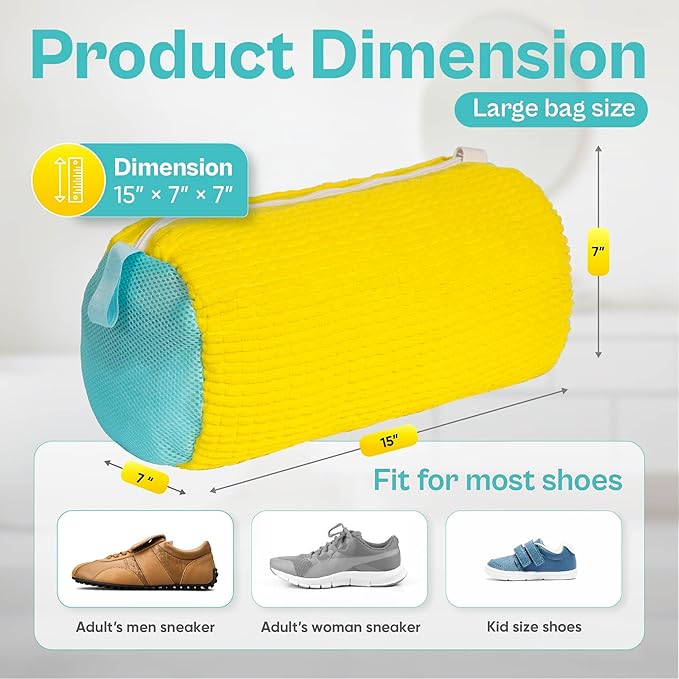 Shoe Washing Machine Bag – 2 Pack Mesh Laundry Bags for Sneakers, Tennis Shoes & Sports Trainers – Reusable Zippered Cleaning Bag to Protect Footwear, Comes with Metal Hanging Hook (Yellow)