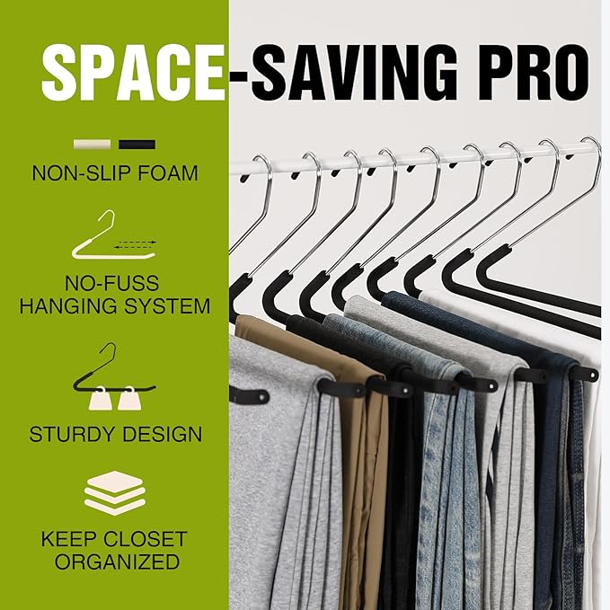 Spring Fever Open Ended Non Slip Sponge Padded Pants Hangers - Chrome Plating Foam Heavy Duty Space Saving Black Long 30