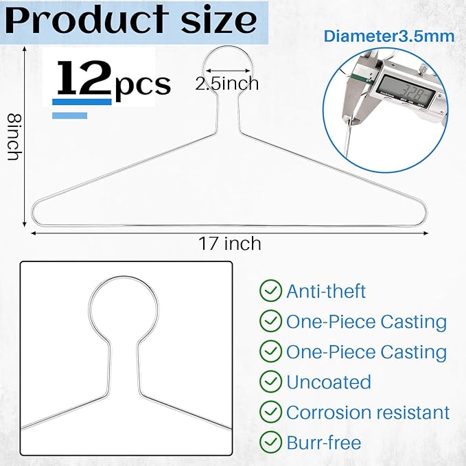 Leinuosen 12 Pack Anti-Theft Security Hangers 17 Inch Heavy Duty Chrome Metal Hanger Closed Loop Suit Hook Suitable for Suits Coat Jacket for Hotels Retail Rvs Stores Gyms (Silver,Classic)