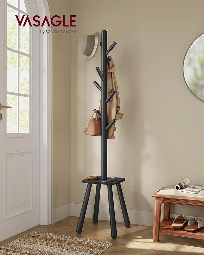 VASAGLE Coat Rack, Free Standing Coat Stand, Hall Coat Tree with 8 Hooks and Storage Shelf, 69.2 Inch Tall, for Coats, Hats, Bags, for Entryway, Hallway, Bedroom, Ink Black URCR033B01