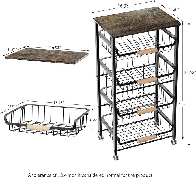 JAQ 5-Tier Fruit Vegetable Storage Cart with Wood Top, Rolling Kitchen Basket Organizer with Ergonomic Wood Handle & Wheels for Snacks Produce, Heavy Duty Metal Vianderos para Cocina Modernos, Black