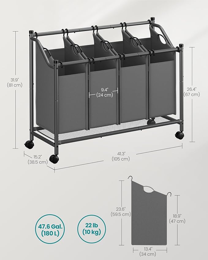 SONGMICS Rolling Laundry Sorter Basket with 4 Removable Bags, Laundry Hamper Cart, for Bedroom, Bathroom, 4 x 11.9 Gallons, Slate Gray URLS103G01
