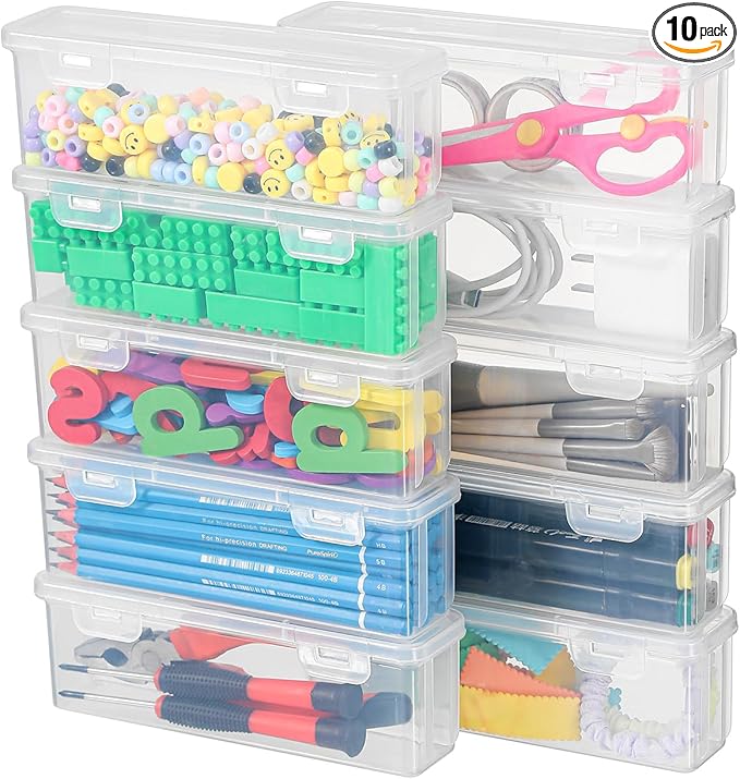 10 Pack Clear Plastic Pencil Case Boxes - Narrow Stackable Storage Organizers with Snap Lids for Pens, Markers, Makeup Brushes, Art Supplies, Beads, Jewelry, School Office Use, Rectangular Narrow