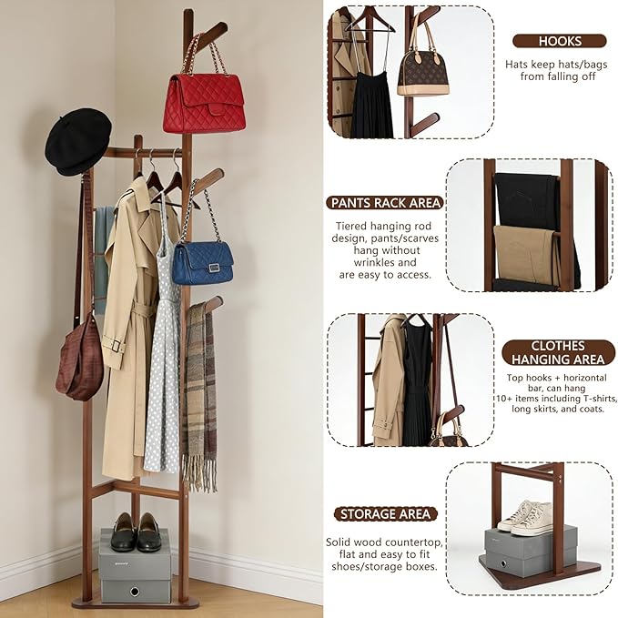 Multifunctional Coat Rack with Three Main Rods, Solid Bamboo Coat Tree with Top Hanging Bar & Shoe Base, Heavy Duty Clothes Rack for Coats Jackets Suits, Easy Assembly, Natural Wood