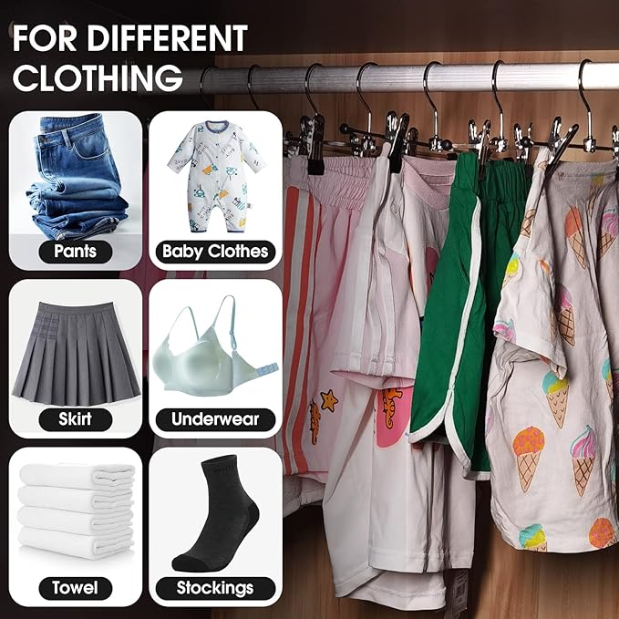 Weysat 50 Pack Pant Hangers with Clips Adjustable Metal Pants Skirt Hangers Bulk for Space Saving Heavy Duty for Clothes Jeans Closet Organizer, Silver and Black