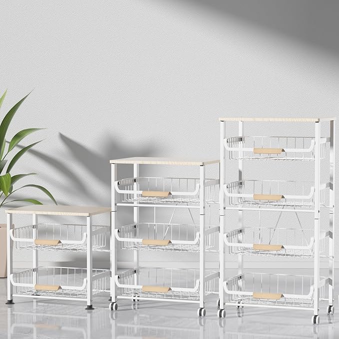 JAQ Fruit Basket for Kitchen, 5-Tier Slide Out Storage Baskets Carts Organizers Drawers with Wood Top Table with Rolling Wheels for Snacks Vegetables Vianderos para Cocina Modernos (White, 5 Layer)