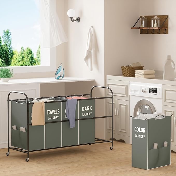 5-Section Laundry Sorter Cart, Large Laundry Hamper with Lockable Rolling Wheels, Versatile Storage Organizer with Removable Bags for Dirty Clothes, Gray