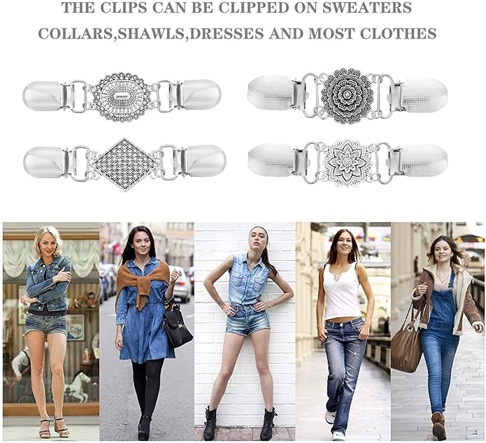 Vintage Sweater Clips Shawl Dresses Shirt Clips Retro Cardigan Collar Chain Clips Brooch Pins for Women