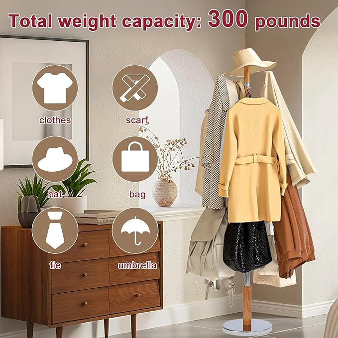 Wood Coat Rack Freestanding with 11 Hooks, 67 Inches Adjustable Height Coat Rack Stand, Vintage Hall Tree Coat Racks with Stable Round Base for Entryway, Bedroom (Solid Wood Metal Hook)
