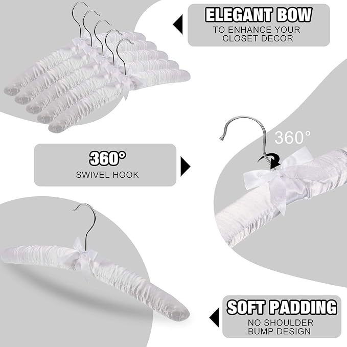 Jetec 24 Pieces Satin Padded Hangers with 360° Swiveling Hook Sponge Shoulder Pads Hanger for Coat, Sweaters, Blouse, Wedding Dress, Women Cloths (White)