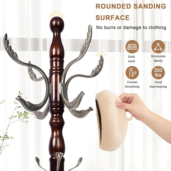 Solid Wood Coat Rack, Free Standing Hall Coat Tree with 14 Hooks, 3 Height Options, 300lbs Load, Stury Base, Clothes Rack for Entryway, Hallway, Bedroom (Disc Base - Metal Phoenix Hook)