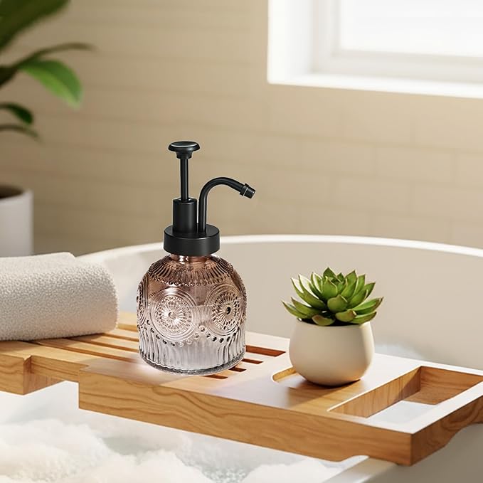 SheeChung Vintage Soap Dispenser, Kitchen Dish Soap Dispensers with Pump Mat, Glass Hand Soap Dispenser for Bathroom, Liquid, Lotion, Refillable, Rustic Farmhouse Decor-Brown (Black Pump, 1 pk)