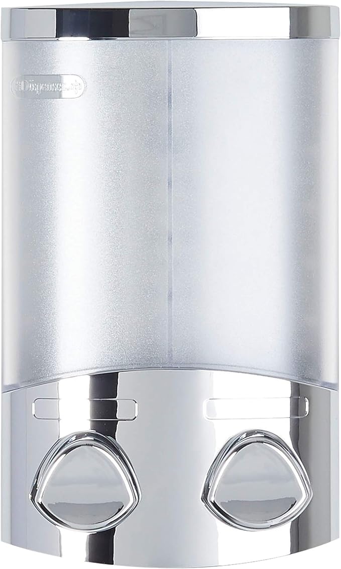 Better Living EURO Shower Dispenser Wall Mount Shower Soap Dispenser for Bathroom Hotel Body Wash, Corner or Flat Wall Shower Shampoo Dispenser, Built-in Hooks, 2 x 10.5 oz, Chrome, 2-Chamber