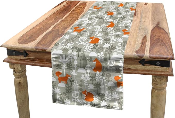 Lunarable Autumn Fall Table Runner, Fox Animal Sleeping in The Forest Plants Woodland Wildlife Theme, Dining Room Kitchen Rectangular Runner, 16" X 72", Orange Grey White