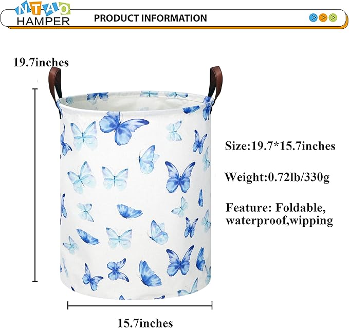 Kids Laundry Hamper,Laundry Basket,Baby Nursery Hamper,Waterproof Storage Bin,Clothes Organizer,Toys Bin,Room Decor(Blue Butterfly)