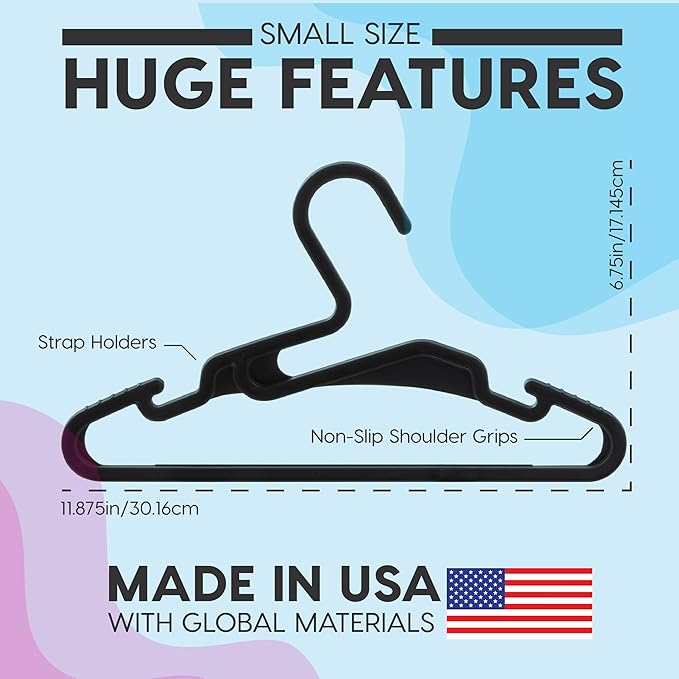 IRIS USA Extra Small Hangers 50 Pack, 11.87" W x 6.75" H, Clothes Hangers with Shoulder Grooves, S- Shaped Design, for Shirt Dress, Durable Flexible, Space Saving Laundry Room Closet Organizer, Black