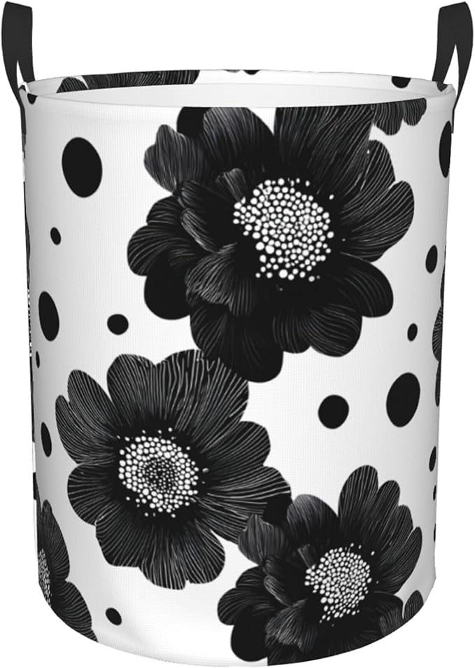 Black Floral Laundry Hamper, Collapsible Storage Basket with Handles for Clothes, Bedroom, Bathroom 19.6 x15.7 Inch
