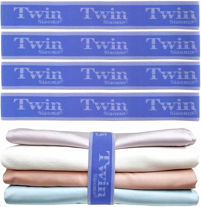 Bed Sheet Organizer Bands, Sheet Set Storage Label Bands, Elastic Bedding Sheet Size Marking Label Bands Straps Wraps for Organizing Linen Closet（Twin 4PCs | Blue）