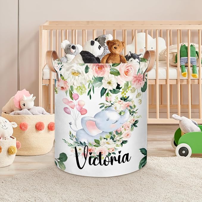 Personalized Laundry Basket, Custom Gift Laundry Hamper, Collapsible Nursery Waterproof Laundry Baskets, Dirty Clothes Toy Hamper with Handles Pink Floral Elephant Sleep