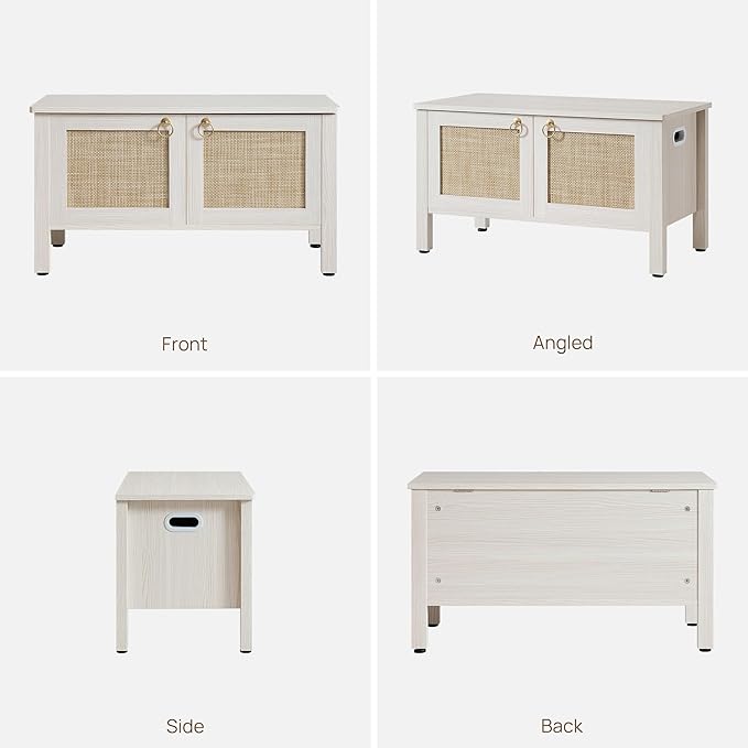 SICOTAS Rattan Shoe Bench - 2 Pieces Farmhouse Shoe Organizer Bench with Lift Top Storage and Hidden Cabinet, Boho Shoe Rack Cabinet for Entryway, Hallway, Bedroom (White Cream Oak)