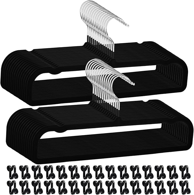 30sets/60pcs Velvet Pants Hangers Non Slip Black Felt Hangers with 30 Cascading Hooks, Space Saving 360 Degree Swivel Hook Closet Organizer for Jeans, Trousers, Leggings, Tank Top, Shorts and Skirts