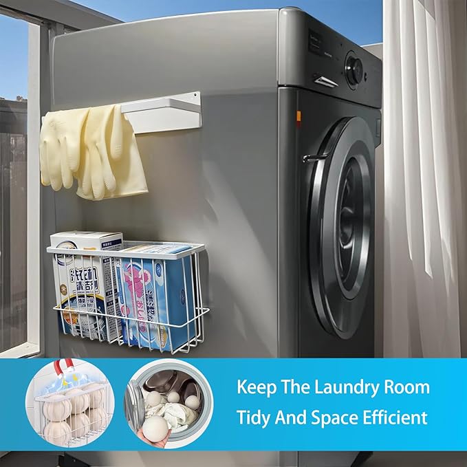 Magnetic Dryer Ball Holder wiht Hanger Organizer, Dryer Balls Storage Wire Basket Container Rack Magnetic Lint Bin and Dryer Ball Holder for Space Saving Hanger Holder for Your Laundry Room