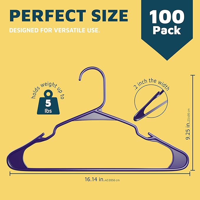 Lifemaster Plastic Clothes Hangers – Heavy Duty Hanger Set, for Organizing Clothes, Dresses, and Coat, Holds Up to 5 lbs, Space-Saving Hangers with Non-Slip Shoulder Grooves, Pack of 100, Purple