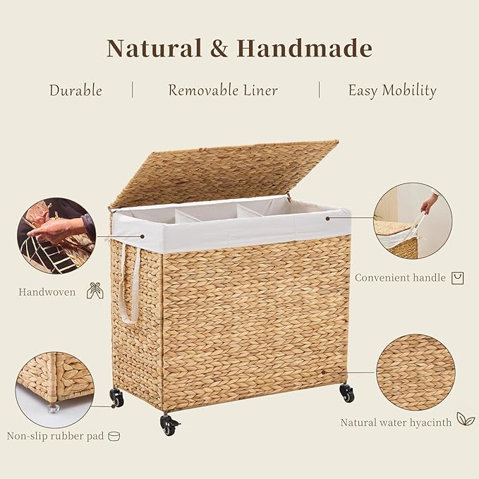 3-Section Laundry Hamper with Lid, Large Capacity Woven Natural Water Hyacinth Laundry Sorter with Removable Liners, Rolling or Non-Slip Design for Bedroom (Natural, 155L)