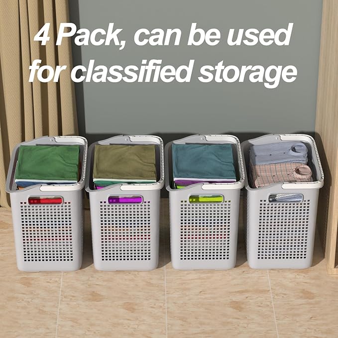 42 L Plastic Dirty Clothes Hampers with Handles, Plastic Laundry Baskets, Gray, 4 Packs