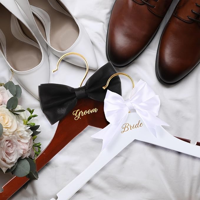 2 Pcs Bride Hanger for Wedding Dress Bride and Groom Wooden Wedding Dress Hanger Set with Bow Tie for Tuxedo Suit Gift Bridal Party Shower