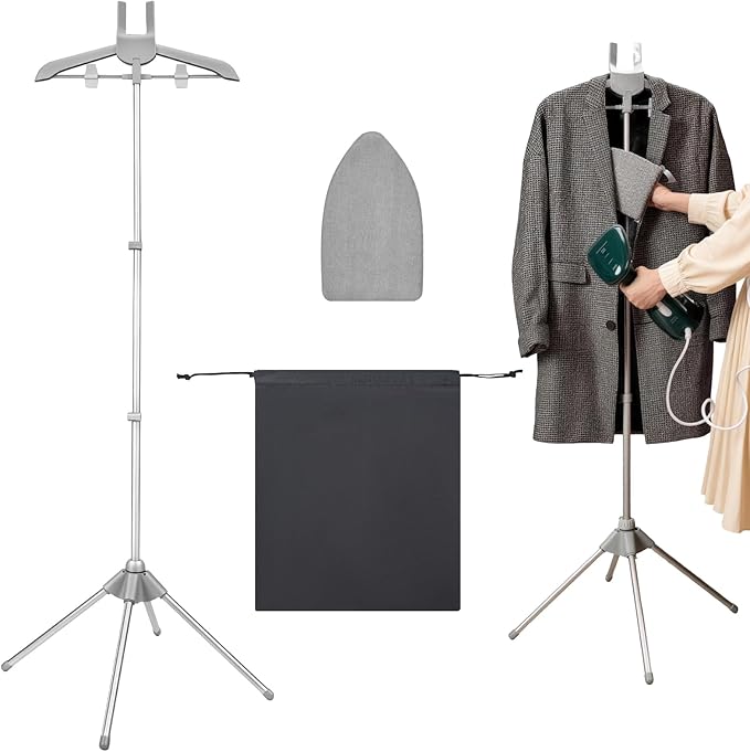 Steamer Stand for Clothes with Ironing Gloves & Carrying Bag Portable Adjustable Garment Steamer Stand Handheld Steamer Hanger Rack for Travel Home, Grey